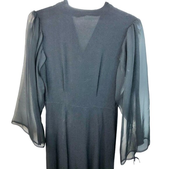 Vintage Black Dress With Sheer Long Sleeves & Collared Neckline Elegant Design - Picture 9 of 11